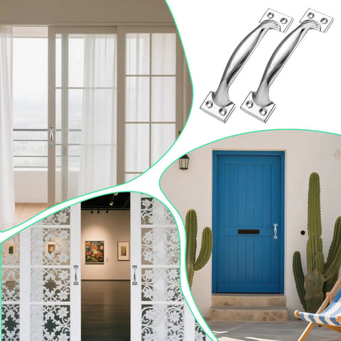 Collage featuring Built Tough 5.9 Inch Gate Door Handle Set 4 Pack; stainless steel handles on various doors.