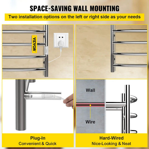 Diagram of 8 Bar Curved Heated Towel Rack With Super Sleek Mirror Polished Stainless Steel Finish Built In Timer Wall Mounted Towel Warmer For Bathroom Plug In Or Hardwired UL Certified Silver showing plug-in and hardwired options.