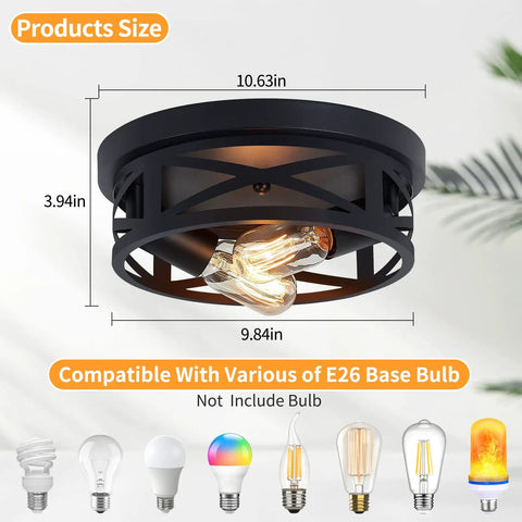 Two Pack Black Flush Mount Ceiling Light Fixture Dope Industrial Farmhouse Metal Cage Ceiling Fixture with E26 Base
