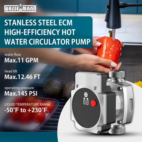 Plug And Play 115 V ECM Circulator Pump For Domestic Hot Water Recirculation Systems, stainless steel design and display.
