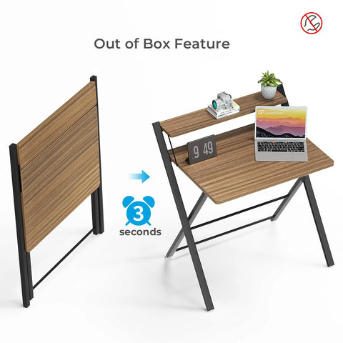 No Assembly Folding Desk With Two Tier Shelf For Home Office Dorm Or Apartment Go To Workstation Space Saving Portable Laptop