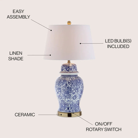 Blue White Ceramic Ginger Jar Table Lamp With White Linen Drum Shade 29.5 Inch Tall Showpiece Classic Chinoiserie Style For Living Room
