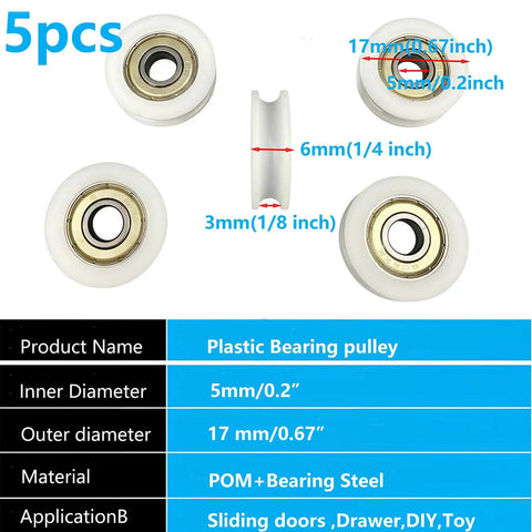 Rock Solid 5 Pack Nylon Pulley Wheels With Quiet Ball Bearings For U Groove Tracks, 17mm wheels for smooth sliding doors.