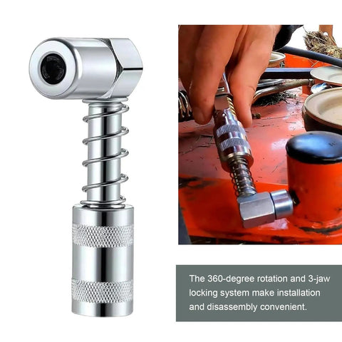 90 Degree Grease Coupler Adapter Two Pack, heavy duty steel, three-jaw angle fittings, shown in use on an industrial machine.