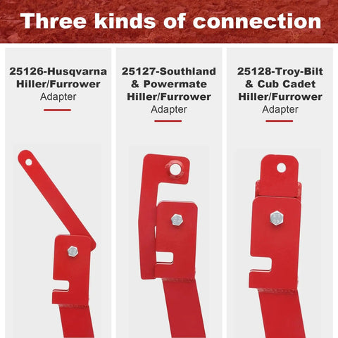 Three connection options for 15683 Rear Tine Tiller Furrower Kit With Removable Adjustable Wings for Earthquake Rototillers