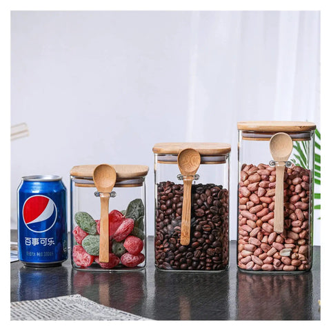 Hella Airtight Hand Blown Glass Coffee Canister With Spoon For Top Shelf Kitchen Organization No Sweat Food Storage Jar with contents