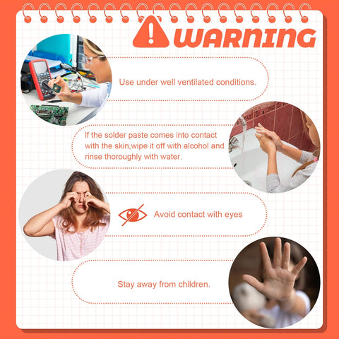 Warning signs for safe use of No Clean Solder Flux Paste Kit 4 Pack With 10ml Tubes Soldering Flux Syringe For Electronics Repair And Desoldering Rosin Paste For Precise Mess Free Solder Joints And Easy Rework.