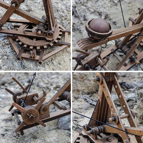 Adjustable Crossbow Siege Ancient Chariot Catapult Kit 3D Wooden Puzzle Desk Top Model basswood parts, close-up working mechanism