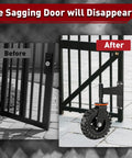Hella Sturdy 8 Inch Gate Wheel To Fix Sagging Wood And Metal Fences With 600 Lb Swivel Capacity showing before and after on a black gate.