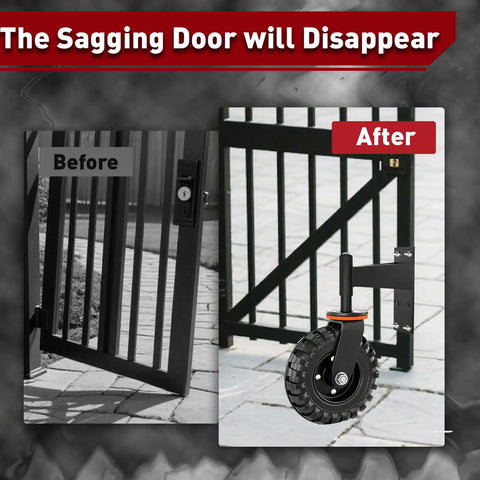 Hella Sturdy 8 Inch Gate Wheel To Fix Sagging Wood And Metal Fences With 600 Lb Swivel Capacity showing before and after on a black gate.