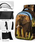 Close-up of Savanna Tusked Elephant Printed Unisex Backpack showing handle, shoulder strap, double zipper, and side pockets.