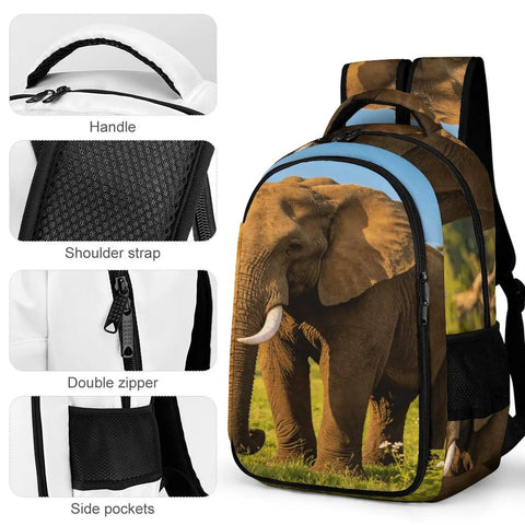 Close-up of Savanna Tusked Elephant Printed Unisex Backpack showing handle, shoulder strap, double zipper, and side pockets.