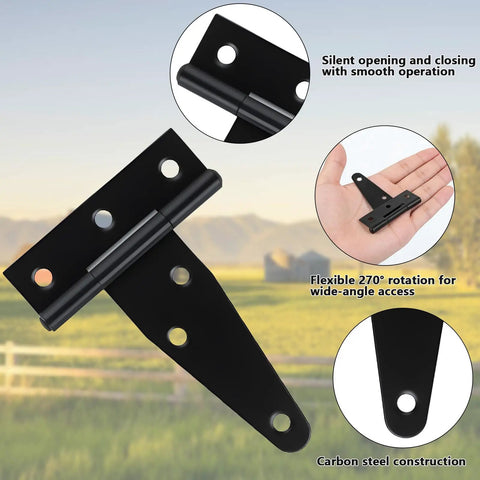 Premium 3 Inch Black Strap Hinges 10 Pack With Rust Resistant Iron Construction And No Sweat Mounting Hardware For Shed Doors Barn Gates Heavy Duty Workshop Gear Built Damn Tough For Any Jobsite close-up of flexible carbon steel hinge with 270° rotation
