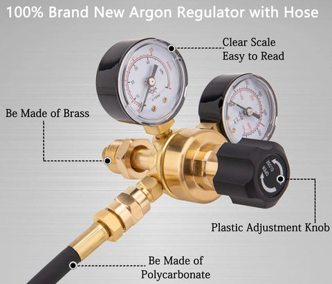 CGA580 Argon/CO2 welding regulator with brass body, dual gauges, black plastic knob, 6.6 ft hose