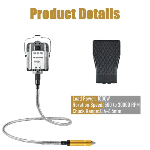 Product details of Beefy 6.5mm Flex Shaft Rotary Tool 1000W 30000 RPM Workhorse with foot pedal and hanging grinder carver.