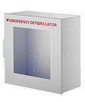 AED cabinet, front view, white metal wall-mounted with window panel and red Emergency Defibrillator text