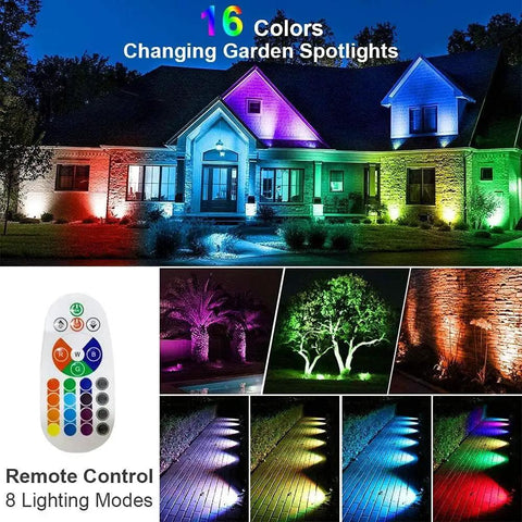 RGB Outdoor Spotlight 10W LED Color Changing Landscape Lights Low Voltage 12V with Remote Control Waterproof Yard Garden Spotlight Set, Energy Saving Landscape Lighting, 8 Pack illuminating house and garden
