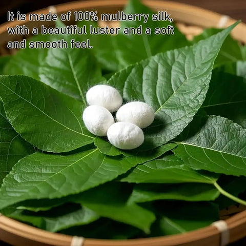 Mulberry leaves with silk cocoons, indicating the material used in the Giraffe Print Silk Scarf 53x53cm Silk Luxury Accessory.