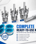 Pro Grade Pvc Pipe Threading Tool With 1 2 3 4 And 1 Inch Die Heads For Fast Internal External Threads On Pvc Ppr Pe Plastic Pipes set with 1/2, 3/4, and 1 inch threaders.