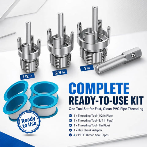 Pro Grade Pvc Pipe Threading Tool With 1 2 3 4 And 1 Inch Die Heads For Fast Internal External Threads On Pvc Ppr Pe Plastic Pipes set with 1/2, 3/4, and 1 inch threaders.