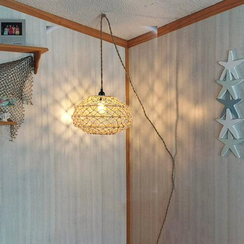 Boho Macrame Pendant Light With Plug In Cord And Dimmer Switch Dark Linen Hemp Rope Lampshade Hanging Light in corner room