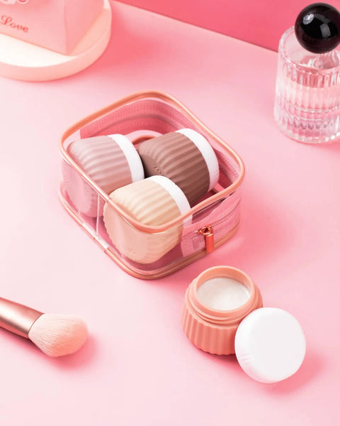 TSA Approved Travel Containers Four Pack With Leak Proof Silicone Jars And Rose Gold Transparent Cosmetic Bag For Toiletries