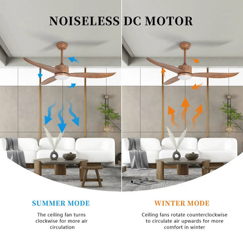 52 Inch Indoor And Outdoor Ceiling Fan With Remote Control Quiet Reversible DC Motor 3 ABS Blades Wood Texture Finish