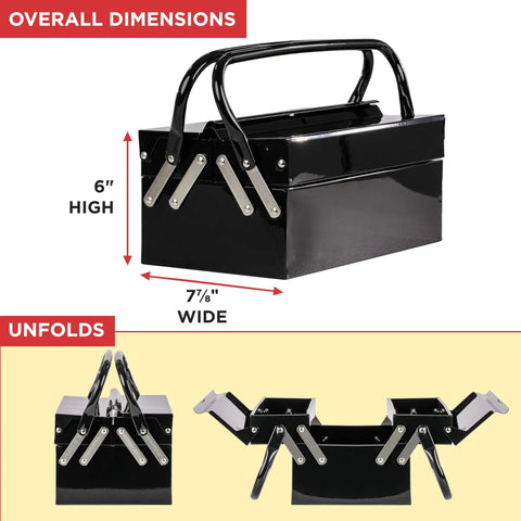 Metal Folding Storage Box Two Level Portable Toolbox for Auto and Home Tools shown folded and unfolded.