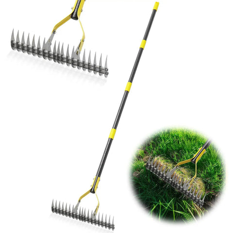 Heavy Duty Metal Dethatcher Rake With Adjustable Long Handle No Frills 5.5-Foot 19-Tine 15-Inch Wide Lawn Tool on grass