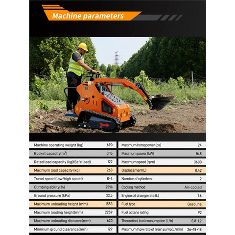 Righteous 23 Horsepower Mini Skid Steer Loader with 24 hp operating in field, showing bucket and tracks, compact design.