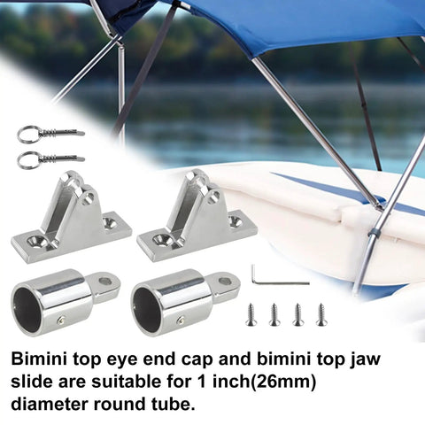 Beefy Bimini Top Hardware Kit With Deck Hinges, Quick Release Pins and Eye End Caps, marine grade, for 1 inch OD tubing.