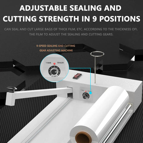 Ylpddmm Professional I-Bar Shrink Wrap Machine With Adjustable Heat Control showing 9-speed settings for sealing and cutting.