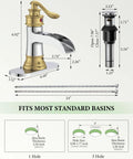 Diagram showing dimensions of Waterfall Bathroom Faucet For 1 Or 3 Holes, Widespread Single Handle, Dope Gold And Chrome Finish, Rustic Farmhouse Vanity Sink Faucet With Pop Up Drain Deck Plate And Supply Lines Included.