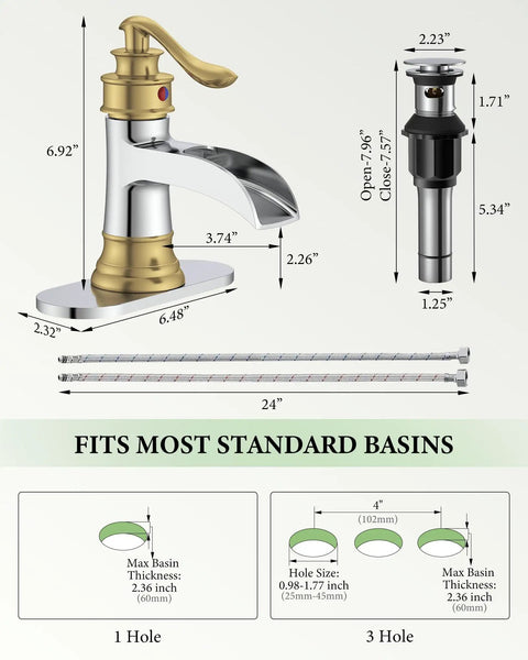 Diagram showing dimensions of Waterfall Bathroom Faucet For 1 Or 3 Holes, Widespread Single Handle, Dope Gold And Chrome Finish, Rustic Farmhouse Vanity Sink Faucet With Pop Up Drain Deck Plate And Supply Lines Included.