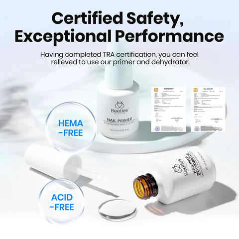 Nail Prep Kit With Dehydrator And Primer 20ml Each Plus Cuticle Trimmer And Pusher Buffer Dust Brush Clipper File And 20 Alcohol Wipes Large Capacity Acid Free And Hema Free For Pro Salon Or Home Manicures bottles and TRA certification.