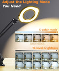 Adjustable 10X Lighted Magnifying Glass With LED Desk Lamp for close work and crafting, showing 5 color modes and 10-level brightness.