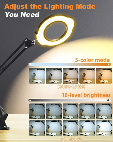 Adjustable 10X Lighted Magnifying Glass With LED Desk Lamp for close work and crafting, showing 5 color modes and 10-level brightness.