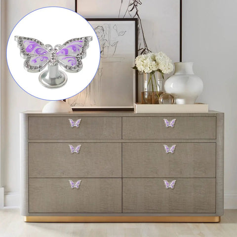 Butterfly Cabinet Knobs Set For Cabinets And Drawers With Single Hole Pulls Enamel Crystal Edge Zinc Alloy Hardware In Purple 6 Pack on dresser