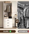 Spacious White Wardrobe Closet System With Three Deep Drawers And A Sturdy Hanging Rod, showcasing organized clothes and a tidy design.