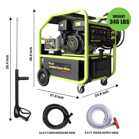 Gas Powered Hot Water Pressure Washer 3500 PSI 4 GPM 212 F Electric Start Commercial Grade Portable Gas Engine with hoses.