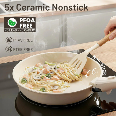 Cooking pasta in a Nonstick Ceramic Pots And Pans Set With Detachable Handles on induction stovetop