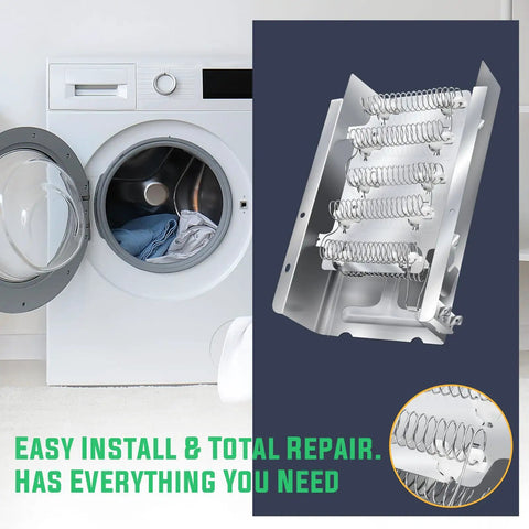 Beefed Up Heavy Duty Dryer Heating Element Kit with Standard Terminals Cycling Thermostat visible next to clothes dryer