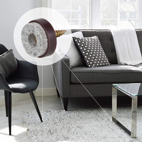 Round Screw In Felt Furniture Sliders Three Quarter Inch Brown 50 Piece Set for chair legs and table feet floor protectors shown in living room setting.