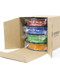 Multicolor PLA 3D Printer Filament 1.75mm 200g Pack Vacuum Sealed With Desiccant spools in box showing red, blue, green, and orange colors.
