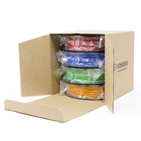 Multicolor PLA 3D Printer Filament 1.75mm 200g Pack Vacuum Sealed With Desiccant spools in box showing red, blue, green, and orange colors.