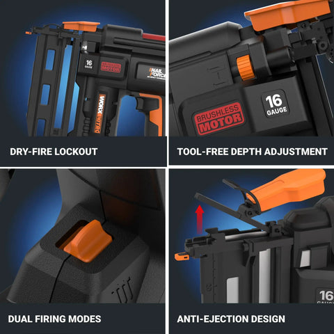 Powerful 20V Cordless Nail And Staple Gun For Pros, 18 Gauge Brad Nailer And Narrow Crown Staples, tool features details