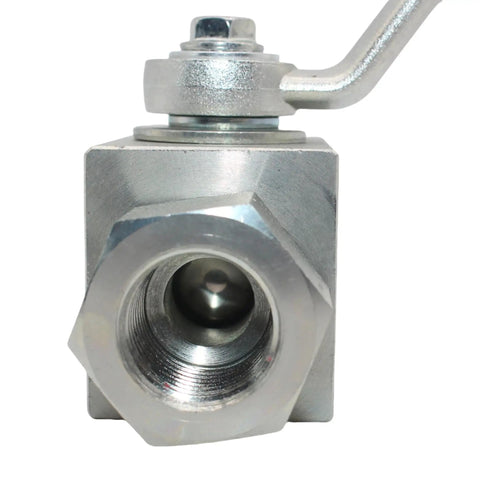 Close-up front view of Beefy 1/4 Inch NPT Hydraulic High Pressure Ball Valve 7250 PSI Shutoff with metal finish