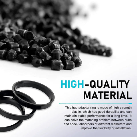 High-quality black hub centric rings on a surface of black plastic pellets, showcasing Four Pack Car Hub Centric Rings For Buttery Smooth Rides, 60.1 To 73.1 Mm Wheel Adapter To Kill Wobbles And Stop Rattles, Fits Camry Corolla C-HR Avalon Crown Black.
