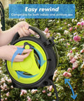 Person holding All In One Retractable Garden Hose Reel Kit With 45 Plus 5 Ft Extendable Hose in garden setting.