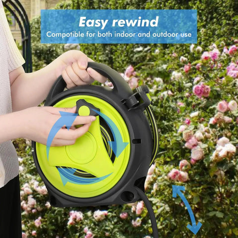Person holding All In One Retractable Garden Hose Reel Kit With 45 Plus 5 Ft Extendable Hose in garden setting.